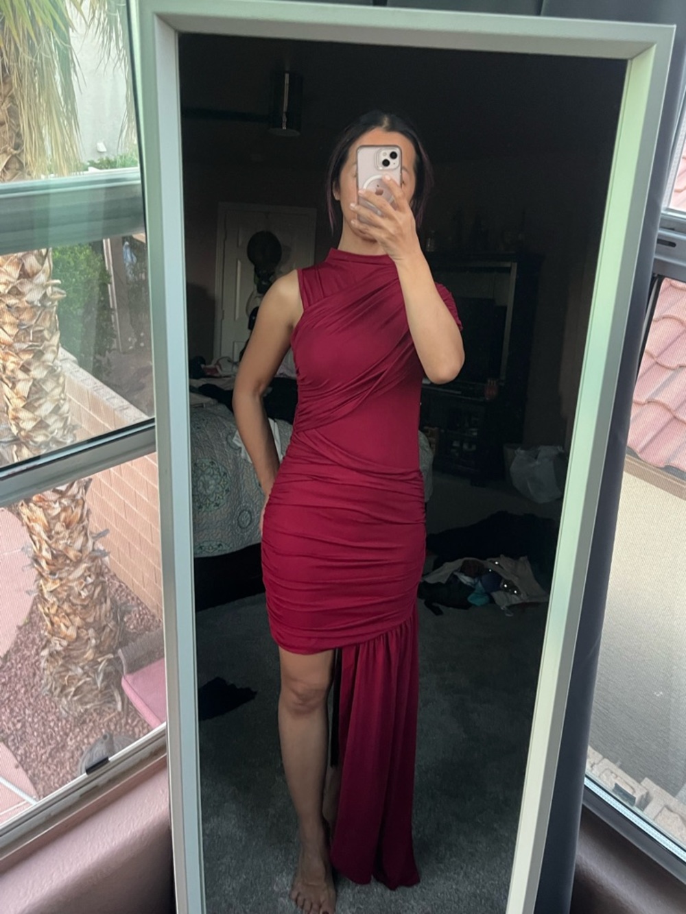 3 for $20 - XS Sleeveless Burgundy Asymmetric Ruched Evening Dress